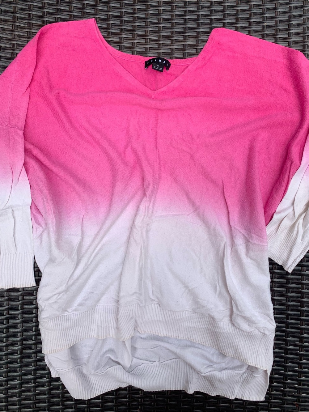 Tribal Women's V-Neck Sweater in Bright Pink and White